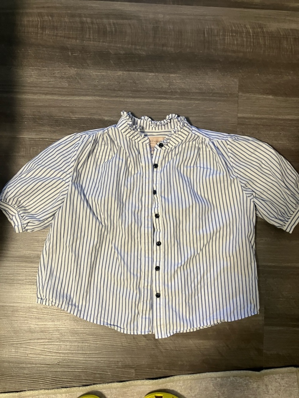 Philosophy White and Blue Striped Button-Up Shirt Short Sleeve Ruffle collar
